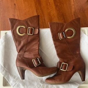 BCBGeneration Brown Heeled Boots with Gold Buckles